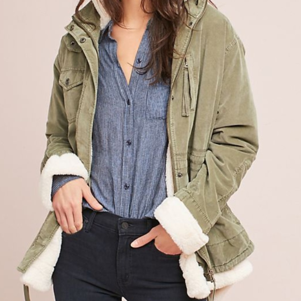 Anthro Moss Green Faux Fur-Lined Anorak in XS
